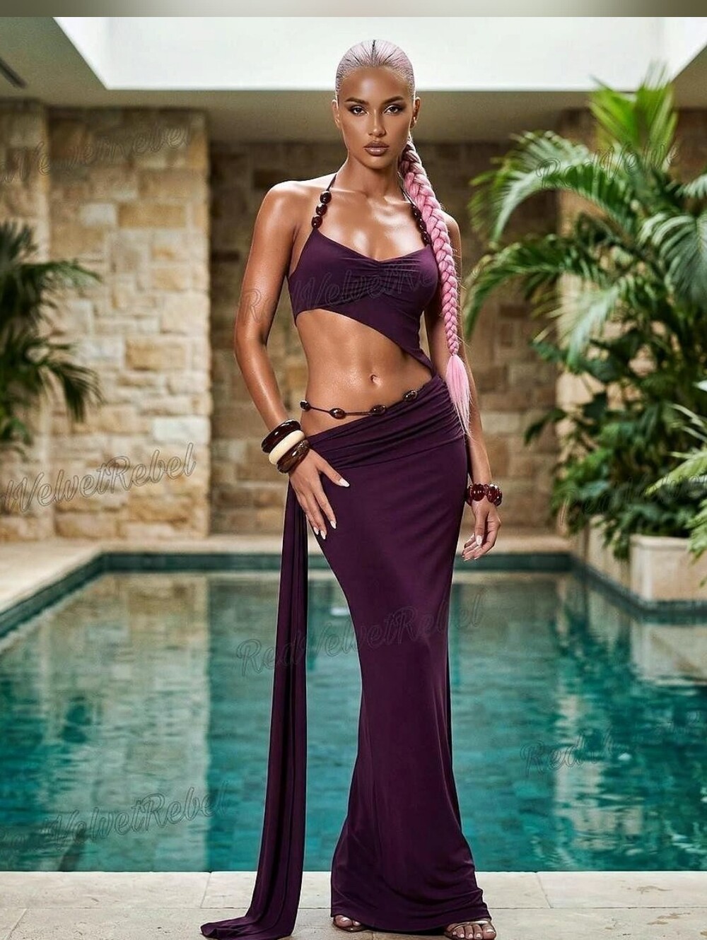 NWT Elegant Sexy Chic Deep Eggplant Bead Embellished Flowy Ibiza Maxi Dress